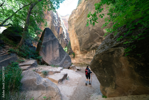 Young Female Hiking Through the Narrows, Zion National Park, Utah - USA