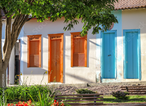 Houses of Mucugê city with colored doors, Chapada Diamantina, Bahia, Brazil photo