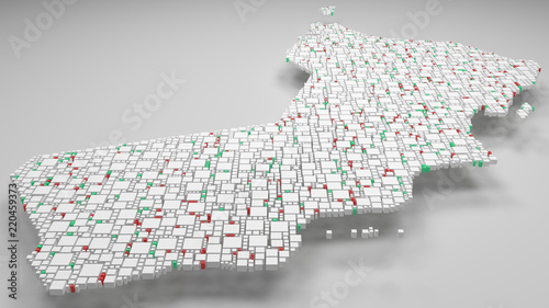 3D Map of Sultanate of Oman - Middle East | 3d Rendering, mosaic of little bricks - White and flag colors. A number of 4042 little boxes are accurately inserted into the mosaic