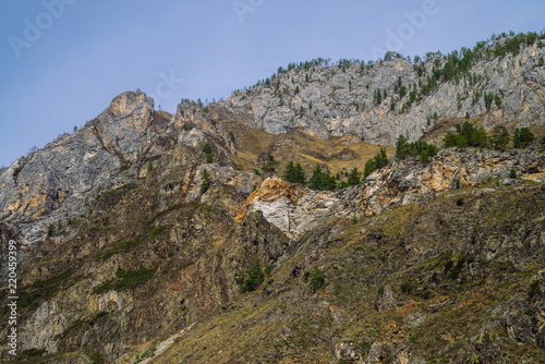 Beautiful rocky green mountain with greenery. Natural textured background with rock and sky.