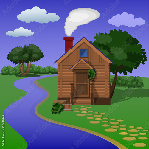 Wooden village sauna on the river bank.
