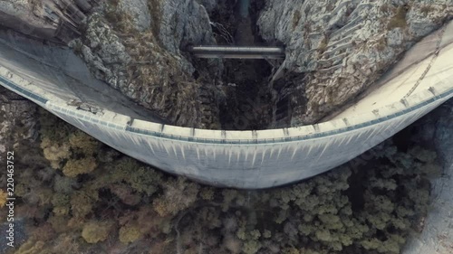 Drone Aerial Top View of the Vajont Dam in Italy, Slow Motion Top View of the Forest Valley with Rocks and Waterfalls