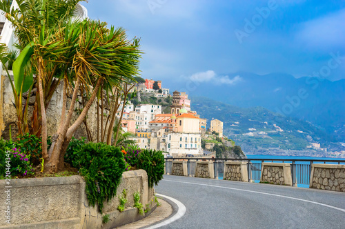 Amalfi, Italy - View of the Amalfi coast town, palm trees and road © Julia Lavrinenko