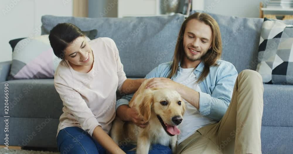 Caucasian young just married man and woman sitting on the floor in the living room and petting their labrador dog. Caucasian young just married man and woman sitting on the floor in the living room and petting their labrador dog.