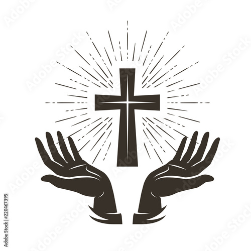 Church logo or label. Prayer, religion concept. Vintage vector illustration