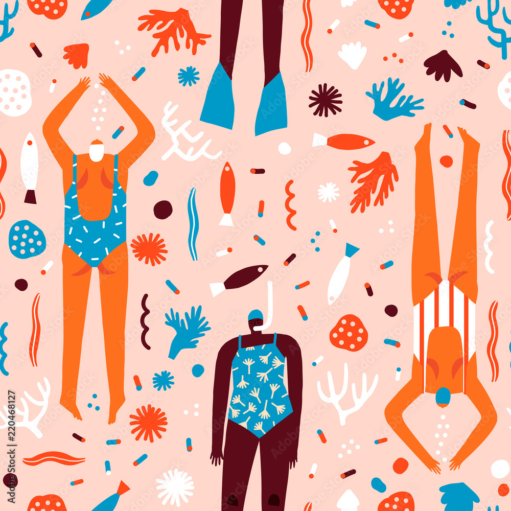 Summer cartoon illustration with swimmers in the ocean.