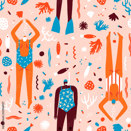 Summer cartoon illustration with swimmers in the ocean. © Tasiania