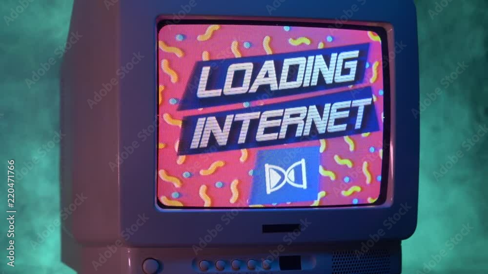 Connecting to the Internet in the 90's animation on a old vintage TV screen. Zooming out with fog giving a retro look at the scene.