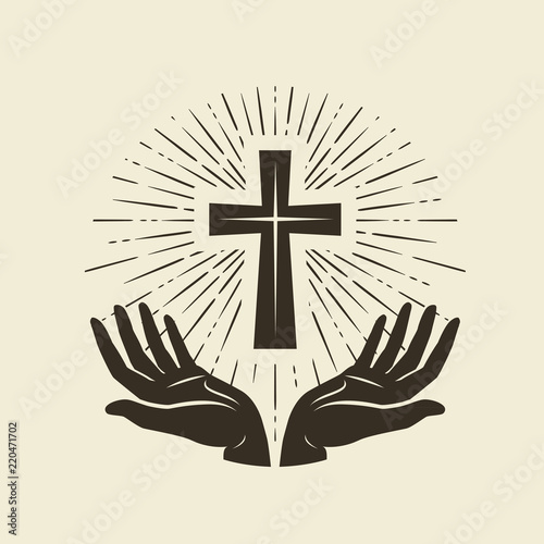 Christianity symbol of Jesus Christ. Cross, worship logo. Vintage vector illustration