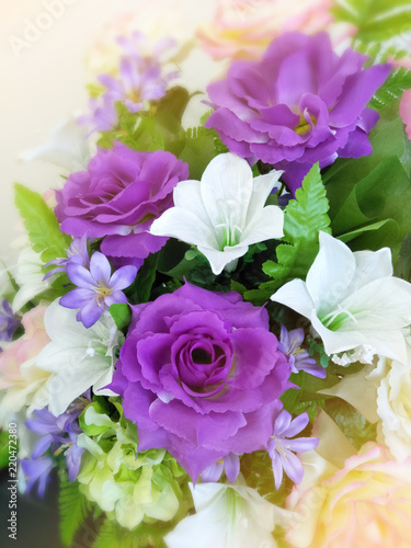 close up violet rose with bouquet white lily and carnation colorful beauty ,with valentine day and give for lover,purple flowers isolated on white background,artificial flower for decorative
