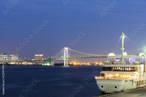 竹芝桟橋から望むライトアップしたレインボーブリッジ、品川埠頭と停泊中のクルーズ船 © EISAKU SHIRAYAMA