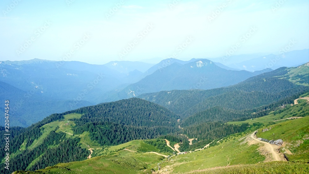 Fototapeta premium Beautiful view from the peak of Black Pillar mountain, Krasnaya Polyana