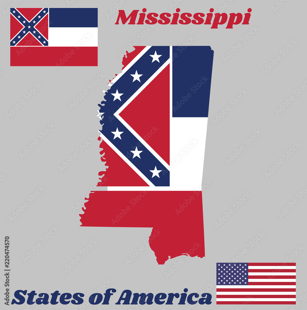 Ms Red Flags Map outline and flag of Mississippi, Three horizontal stripes of blue ...