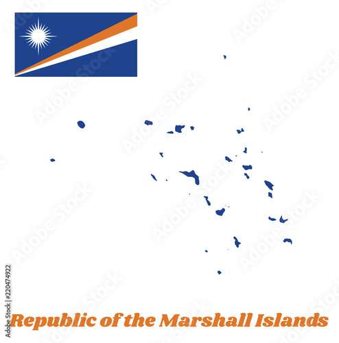 Map outline and flag of Marshall. A blue field with two diagonal stripes of orange and white and the large white star. with name text Republic of the Marshall Islands.