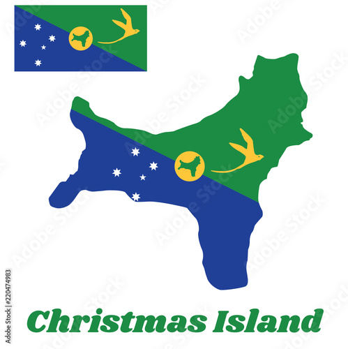 Map outline and flag of Christmas Island, Blue and green diagonal color with white star, a golden bosun bird in gold and shape of the island in circle. with name text Christmas Island.