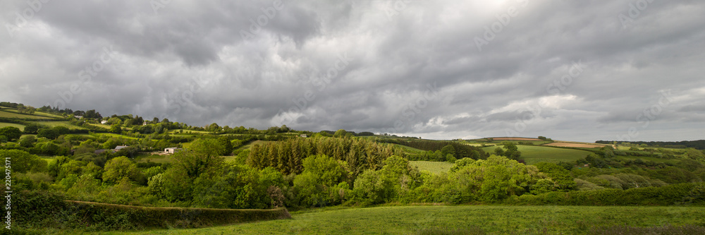 Panorama of British Countryside with trees and fields under a stormy sky