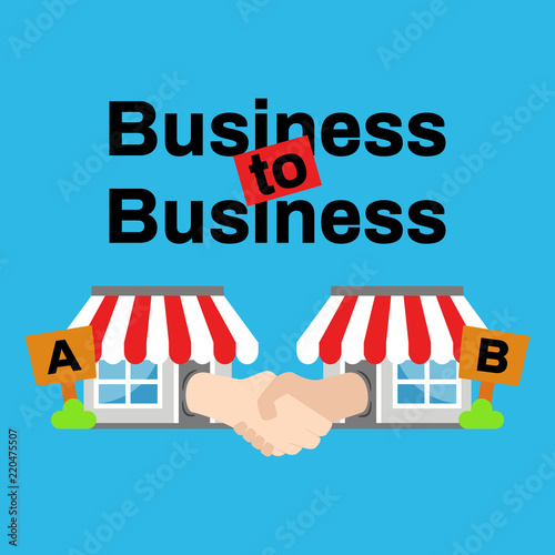 Business to business or B2B vector illustration with two store do handshake as collaboration cooperation