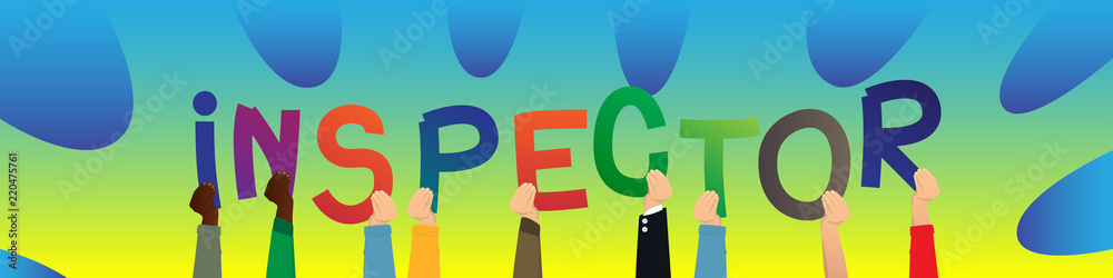 Diverse hands holding letters of the alphabet created the word Inspector. Vector illustration. Diverse hands holding letters of the alphabet created the word Inspector. Vector illustration.