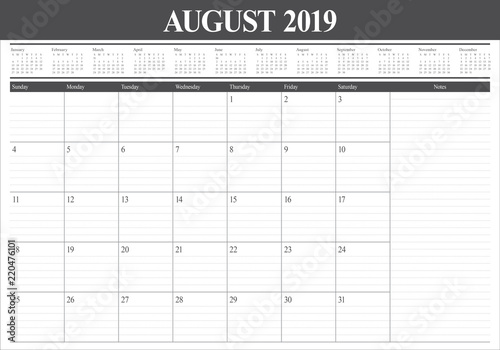 August 2019 desk calendar vector illustration
