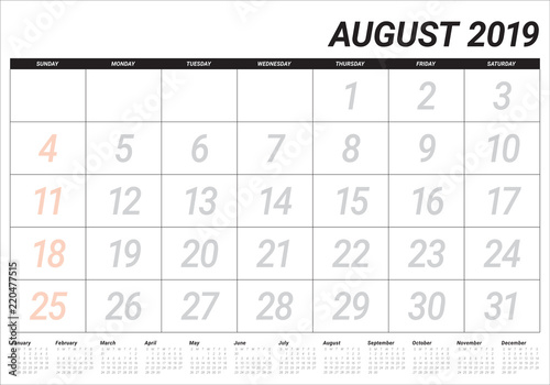 August 2019 desk calendar vector illustration