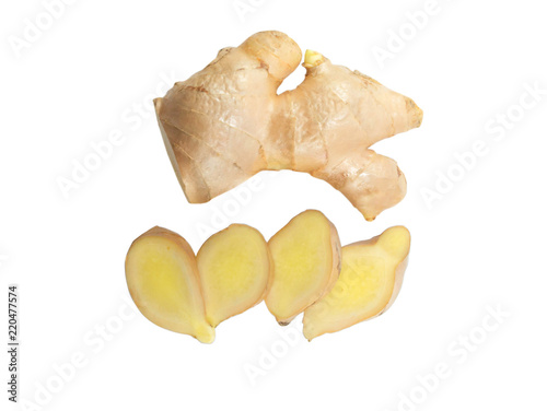 Top view fresh ginger slice isolated on white background  herb medical concept.