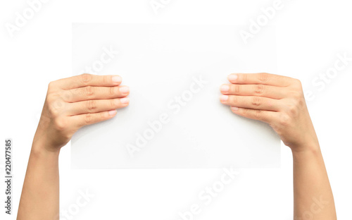 Woman hand holding the paper isolated on white background