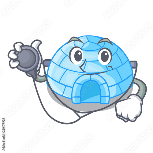 Doctor character cartoon ice house in snowfield