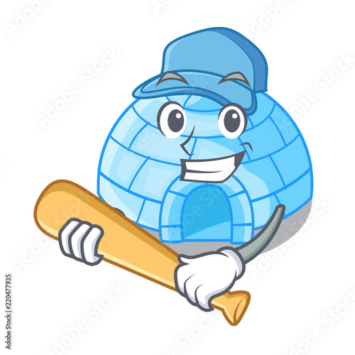 Playing baseball character cartoon ice house in snowfield