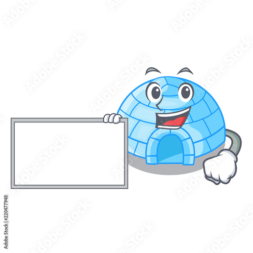 With board character cartoon ice house in snowfield