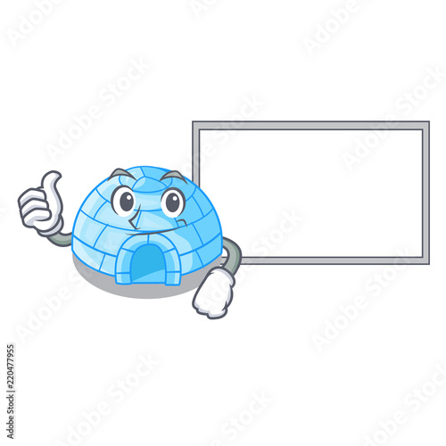 Thumbs up with board character cartoon ice house in snowfield