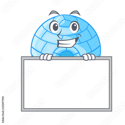 Grinning with board character cartoon ice house in snowfield