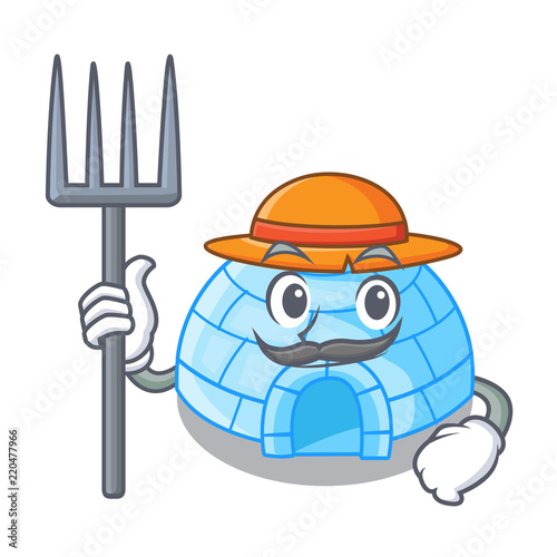 Farmer character cartoon ice house in snowfield