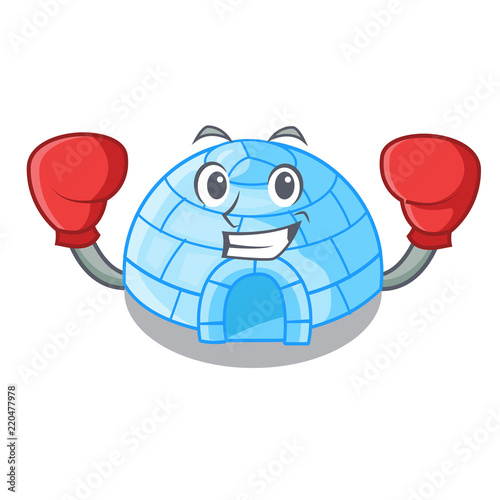 Boxing character cartoon ice house in snowfield