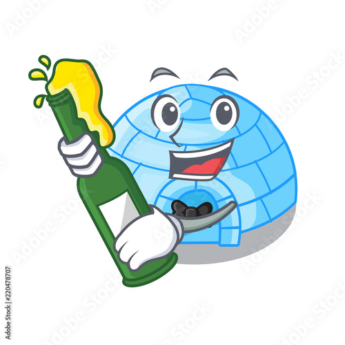 With beer cartoon ice house igloo on snowing day