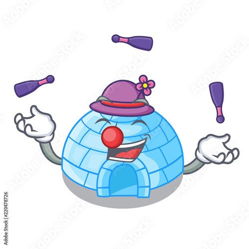 Juggling cartoon ice house igloo on snowing day
