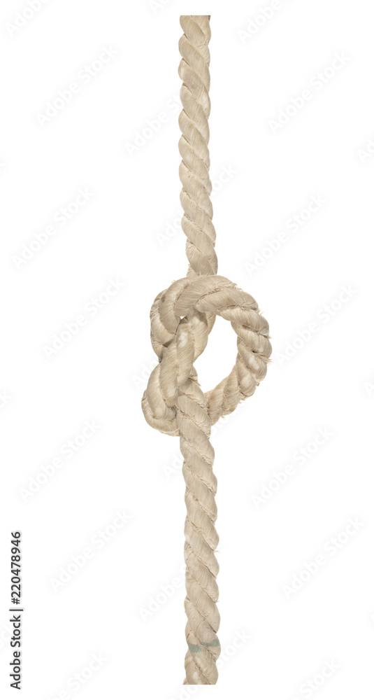 Thick white rope tied with knot isolated on white background. Thick white rope tied with knot isolated on white background.
