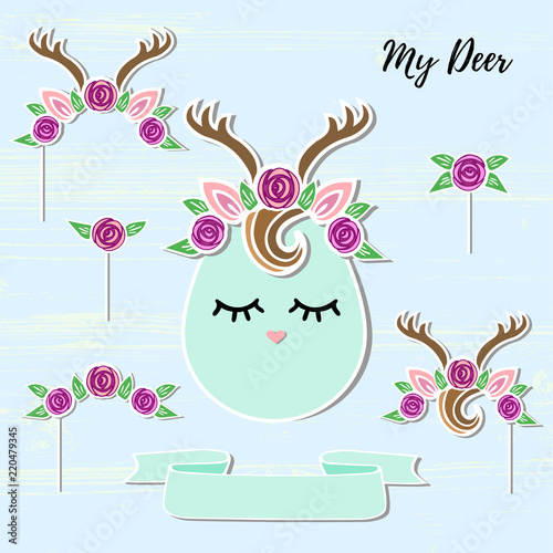 Vector set with Deer, Headband, Antler, flower wreath. Deer symbols as patch, stick cake topper, sticker, drink topper. Props for baby birth, Deer party, birthday, first birthday, baby shower.
