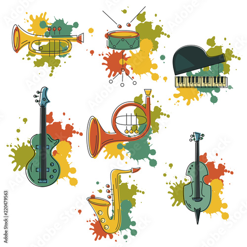 Vector set with music instrument: guitar, piano, saxophone, cornet, french horn, violin, drum. Flat style.