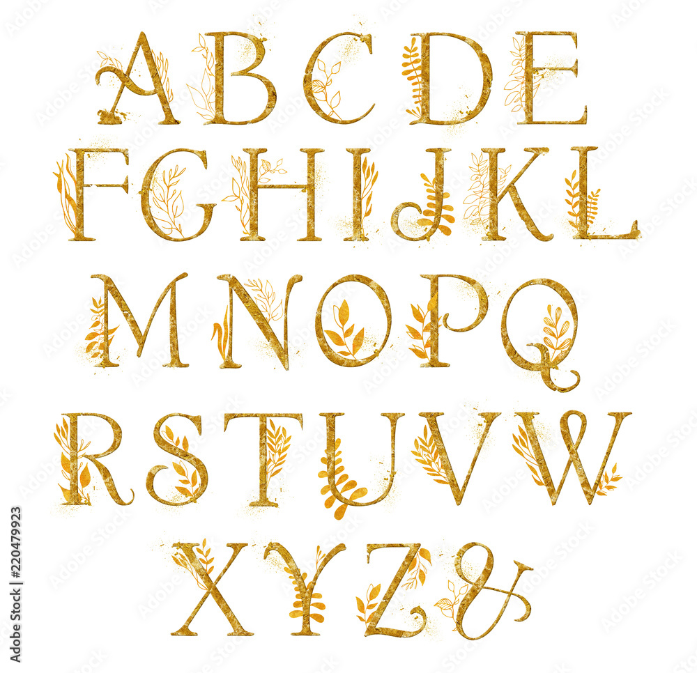 Golden alphabet with gold frolal design. Unique collection for wedding invites decoration other concept ideas.