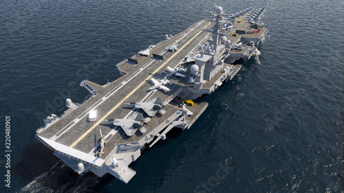 Aircraft carrier crossing the ocean 3D rendering