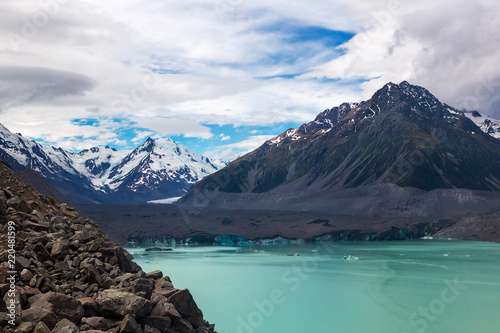 Beautiful turqouise Tasman Glacier Lake and Rocky Mountains of the Mount Cook National Park, South Island, New Zealand photo