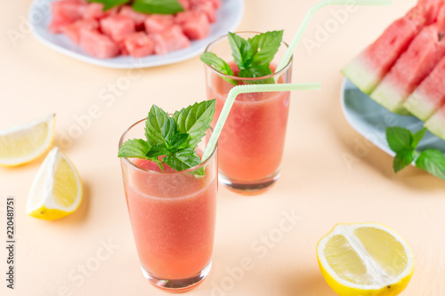 Watermelon smoothie with banana and lemon. Summer healthy refreshment drink