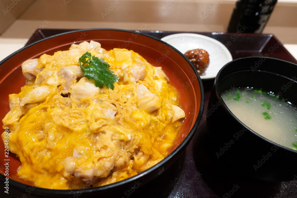 Oyakodon lunch set, japanese rice bowl with chicken and egg as topping, serves with soup.