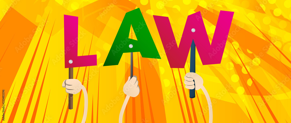 Diverse hands holding letters of the alphabet created the word Law. Vector illustration.