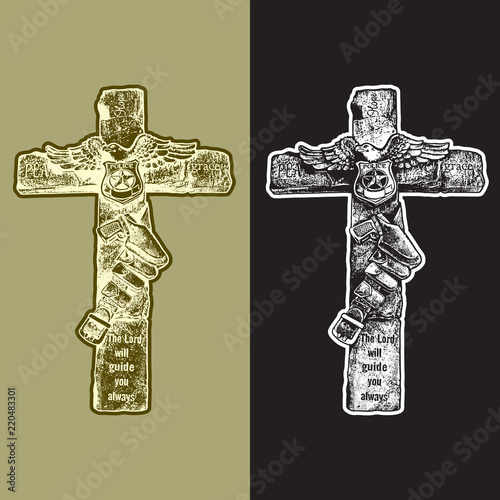 Decorative cross - emblem with crucifix, police badge, eagle, gun in holster belt. Vector graphic illustration in vintage black, white and gold engraving style. 