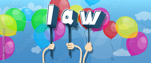 Diverse hands holding letters of the alphabet created the word Law. Vector illustration.