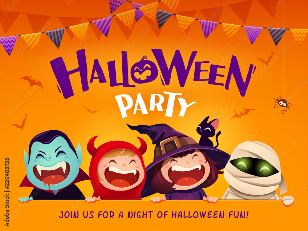 Fototapeta premium Halloween Party. Group of kids in Halloween costume with big signboard.