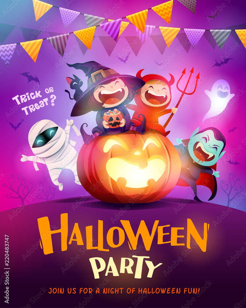 Fototapeta premium Halloween Celebration Fun Party. Group of kids in Halloween costume sitting on a giant pumpkin.