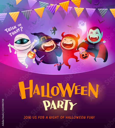 Halloween Celebration Fun Party. Group of kids in Halloween costume. 
