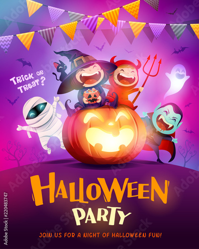 Halloween Celebration Fun Party. Group of kids in Halloween costume sitting on a giant pumpkin.